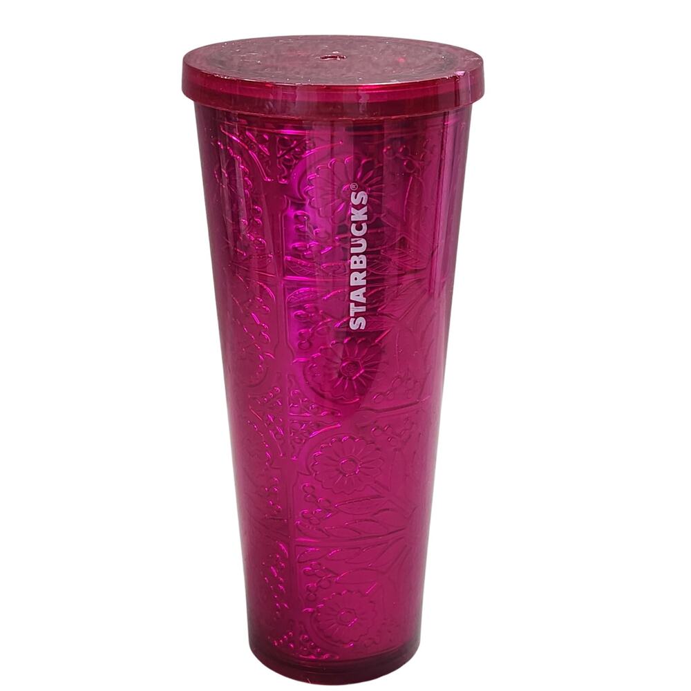 Hot Pink Fuchsia Foil STARBUCKS Drinking Travel Tumbler 24oz  Venti No Straw